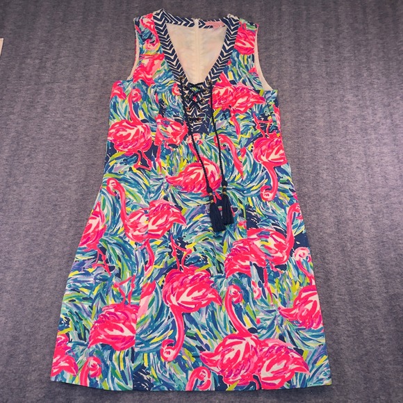 Lilly Pulitzer Dresses & Skirts - Lilly Pulitzer Pink Flamingo Tassel Lace Up Shift Dress Size 8 Navy Chevron Trim